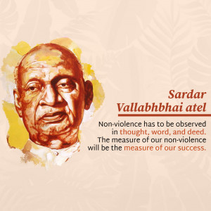 Watercolor portrait of Sardar Vallabhbhai Patel with a quote about non-violence.