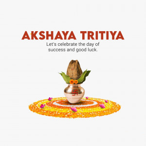 Akshaya Tritiya greeting with coconut, flowers, and traditional pot