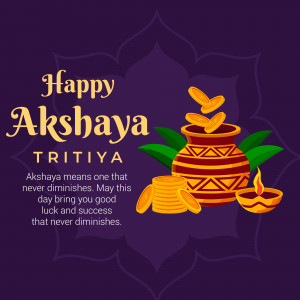 Akshaya Tritiya festive graphic with pot, coins, and diya