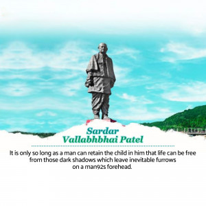 Statue of Sardar Vallabhbhai Patel with a scenic background and inspirational quote.