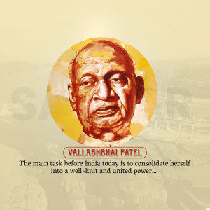 Portrait of Sardar Vallabhbhai Patel with a quote about India's unity.