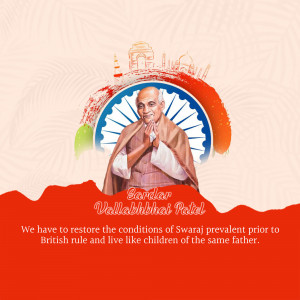 Portrait of Sardar Vallabhbhai Patel with Indian flag and landmarks