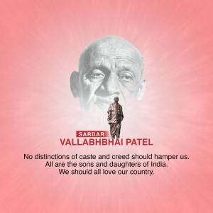 Portrait of Sardar Vallabhbhai Patel with a statue and quote about unity