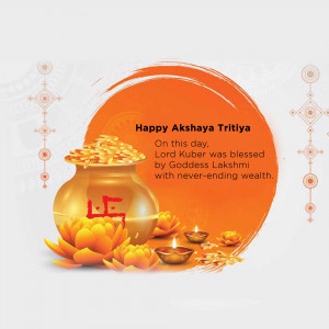 Akshaya Tritiya greeting with pot of gold, flowers, and candles