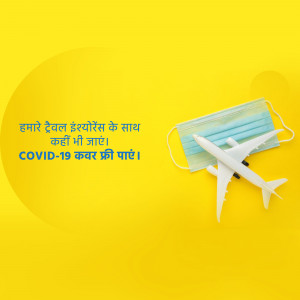 Airplane and face mask on a yellow background with text in Hindi promoting safe travel during COVID-19.