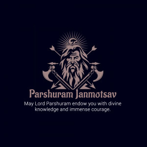 Illustration of Lord Parshuram with axes and text 'Parshuram Janmotsav'