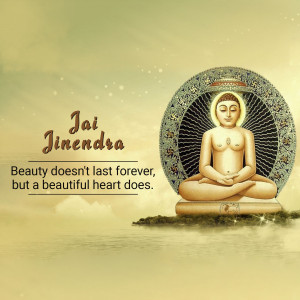 Image of Lord Mahavira in a meditative pose with the text 'Jai Jinendra' and a quote about inner beauty.