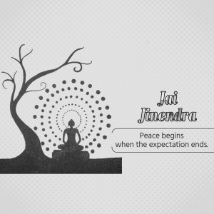 Silhouette of a meditating person under a tree with text 'Jai Jinendra' and 'Peace begins when the expectation ends'.