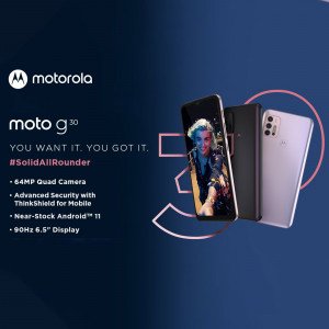 Motorola Moto G 30 smartphone with key features highlighted.