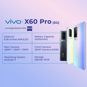 Vivo X60 Pro 5G smartphone with specifications displayed