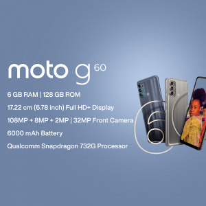 Moto G60 smartphone with specifications displayed