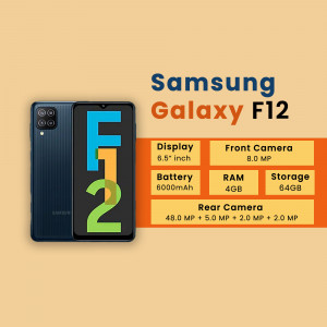 Image of Samsung Galaxy F12 smartphone with specifications