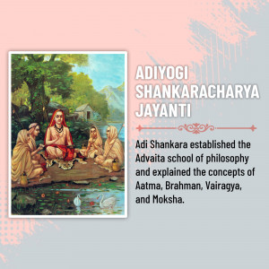 Painting of Adi Shankaracharya teaching disciples by a river