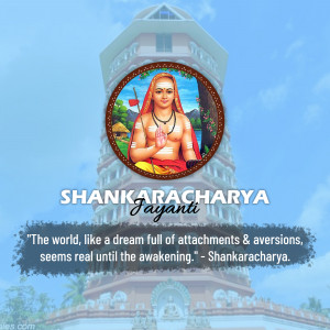 Image of Shankaracharya with a temple background and text celebrating his Jayanti.