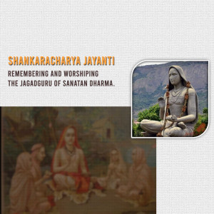 Image depicting Shankaracharya Jayanti with a statue and historical scenes.