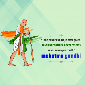 Illustration of Mahatma Gandhi walking with his staff, with an Indian flag brushstroke and a quote about love.