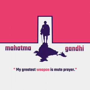 Silhouette of Mahatma Gandhi standing in a doorway with India map and quote