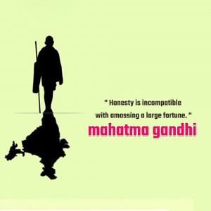Silhouette of Mahatma Gandhi with a quote about honesty and wealth.