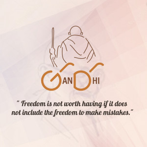 Silhouette of Mahatma Gandhi with his name and a quote about freedom.