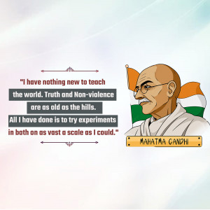 Illustration of Mahatma Gandhi with a quote about truth and non-violence.