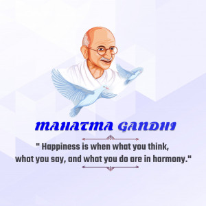 Portrait of Mahatma Gandhi with doves and a quote about happiness