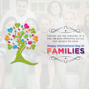 Image celebrating International Day of Families with a family photo and a tree made of handprints.