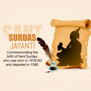 Illustration commemorating Sant Surdas Jayanti with a scroll, silhouette of a musician, quill, and inkwell.