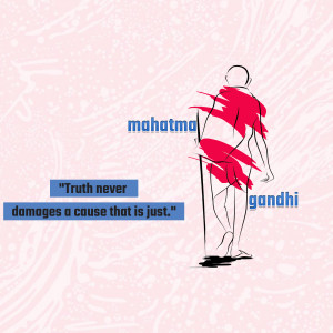 Illustration of Mahatma Gandhi with a quote about truth and justice.