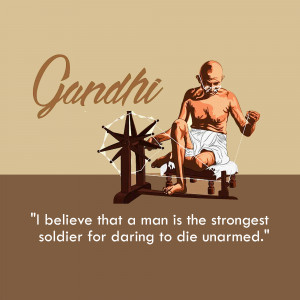 Illustration of Mahatma Gandhi spinning khadi on a charkha