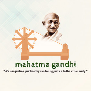 Portrait of Mahatma Gandhi with a spinning wheel