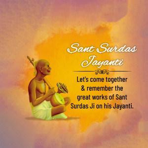 Image commemorating Sant Surdas Jayanti with a portrait of Sant Surdas and a message.