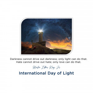 Lighthouse under a starry night sky with a quote by Martin Luther King Jr. and text for International Day of Light.
