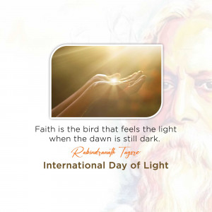 Hands cupping light with a portrait of Rabindranath Tagore and text celebrating International Day of Light.