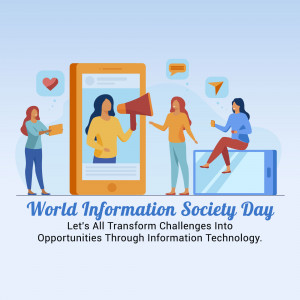 Illustration depicting people interacting with social media on their phones for World Information Society Day.