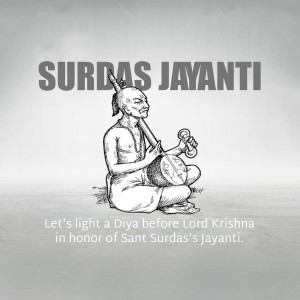 Black and white sketch of Surdas with text 'Surdas Jayanti'