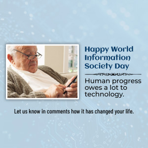 An elderly man using a smartphone with text celebrating World Society Day.