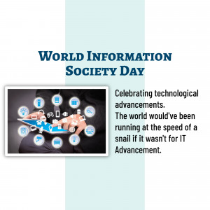 World Information Society Day graphic with a person using a tablet and icons representing technology.
