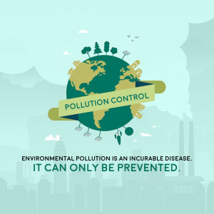 Illustration of Earth with green foliage and a banner stating 'Pollution Control' against a cityscape.