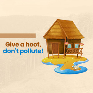 Illustration of a thatched-roof hut on a sandy island with a message about pollution.