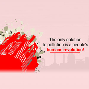 Illustration of a red industrial structure breaking apart with text about a humane revolution against pollution.