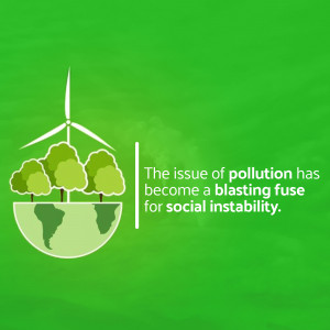 Illustration of a wind turbine, trees, and the Earth with text about pollution and social instability.