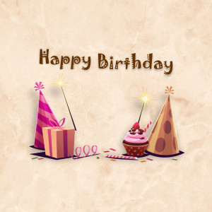 Happy Birthday card with cake, presents and sparklers