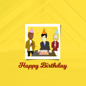 Cartoon illustration of Michael, Dwight, and Pam from The Office celebrating a birthday.