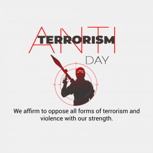 Image depicting a silhouette of a person aiming a rocket launcher within a target, with the text 'Terrorism Day' and a message against terrorism.