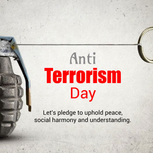 Image depicting a grenade with the text 'Anti Terrorism Day' and a call for peace.