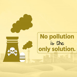 Illustration depicting a factory emitting pollution with a skull and crossbones symbol, and text stating 'No pollution is the only solution'.