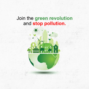 Earth with green cityscape and text promoting environmental action