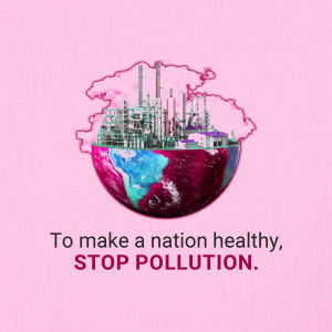 Illustration of a globe split to show industrial pollution and a healthy environment with text 'Stop Pollution'