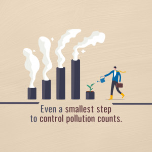 Illustration of a person watering a small plant while factory smokestacks emit pollution.