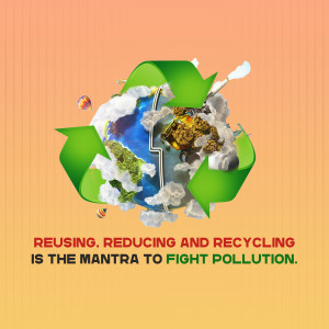 A globe inside a recycling symbol with text promoting reusing, reducing, and recycling.